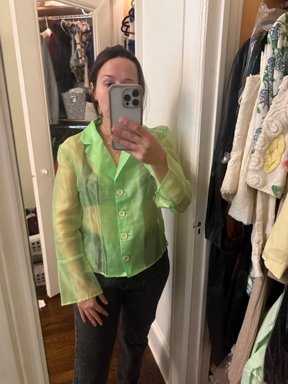 Vintage! Translucent Neon Green Button-Front Blouse